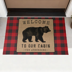 Welcome Family Cabin Rustic Bear Red Buffalo Plaid Doormat