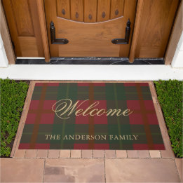Welcome Family Christmas Red Gold Green Tartan Doormat