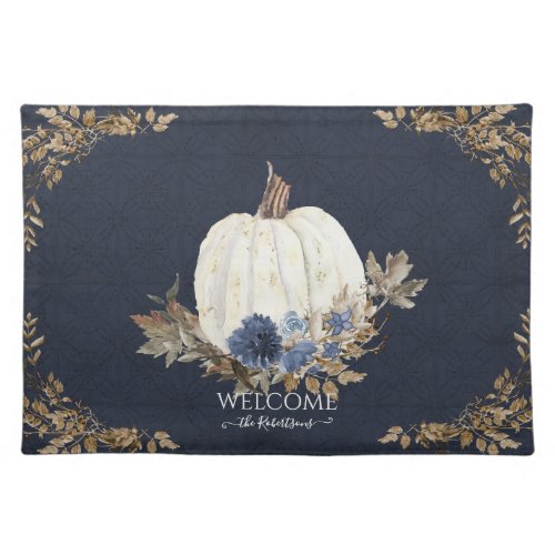 Welcome Family Fall Foliage Blue Floral Pumpkin Cloth Placemat