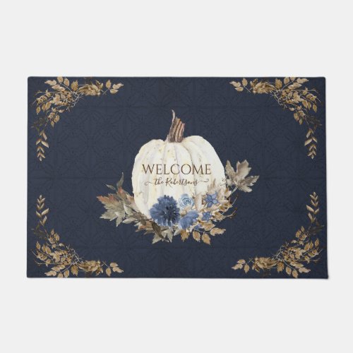 Welcome Family Fall Pumpkin Foliage Blue Floral Doormat