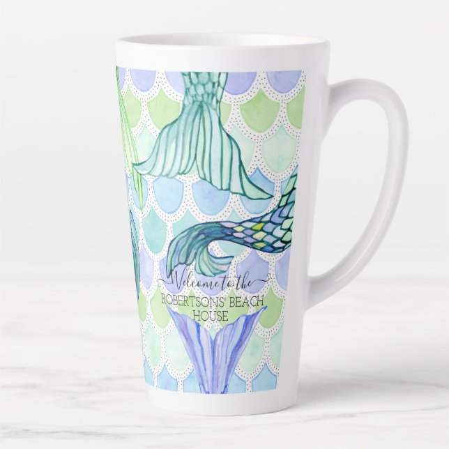 Welcome Family Mermaid Tail Fish Scale Beach Home Latte Mug (Right)