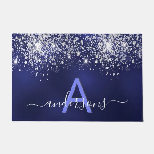 Welcome family monogram navy blue glitter dust doormat