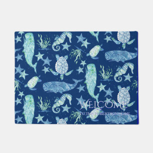 Welcome Family Name Beach Whale Turtle Seahorse Doormat