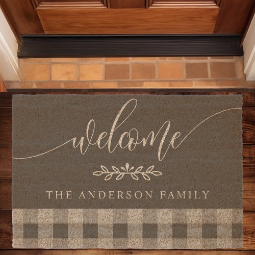 Welcome Family Name Buffalo Plaid Fiber Doormat