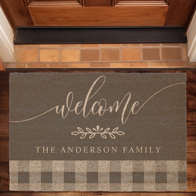 Welcome Family Name Buffalo Plaid  Fiber Doormat (Creator Uploaded)