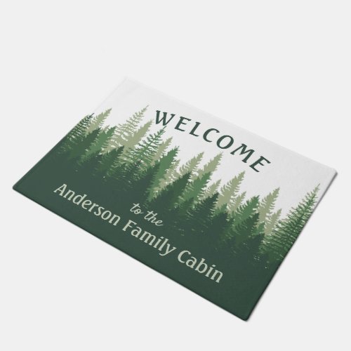 Welcome Family Name Cabin Pine Tree Forest Doormat