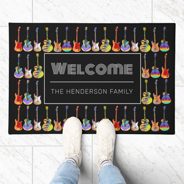 Welcome Family Name Colorful Guitars Black Doormat (Rock and roll welcome family name custom black doormat with colorful guitar pattern)