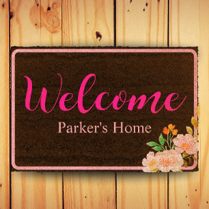 Welcome Family Name Cute Floral Gift For Couple Fiber Doormat