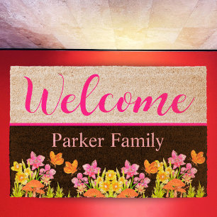 Welcome Family Name Cute Wildflower Couple Gift Fiber Doormat