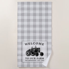 Welcome Family Name Farm Tractor White Plaid Beach Towel