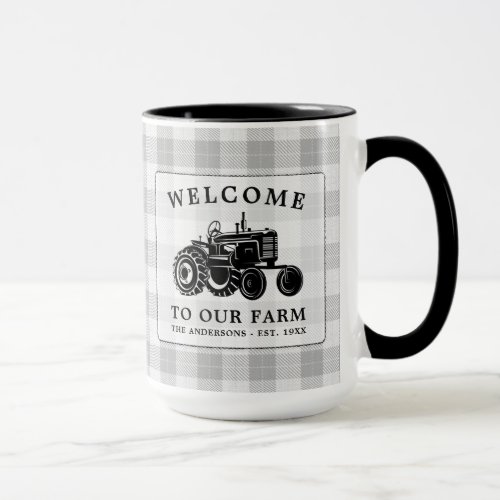 Welcome Family Name Farm Tractor White Plaid Big Mug