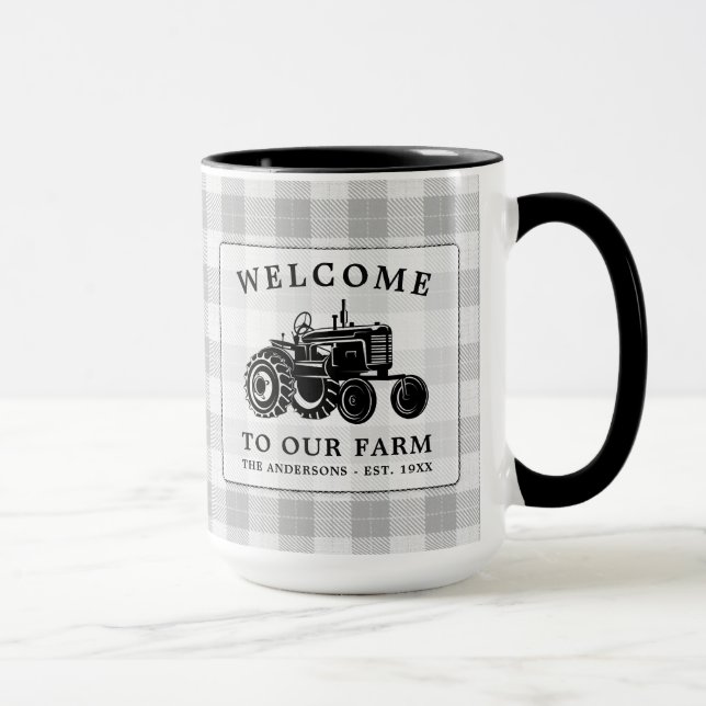 Welcome Family Name Farm Tractor White Plaid Big Mug (Right)