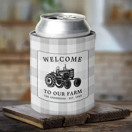 Welcome Family Name Farm Tractor White Plaid Can Cooler
