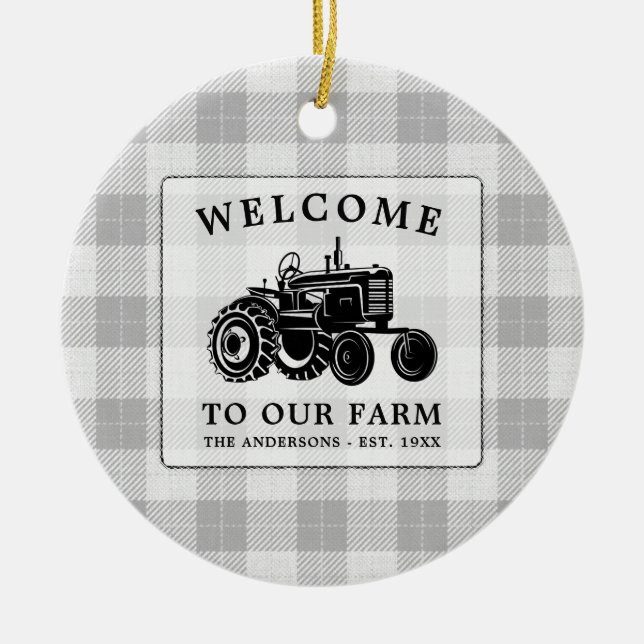 Welcome Family Name Farm Tractor White Plaid Ceramic Ornament (Front)