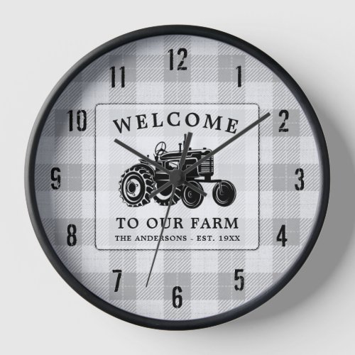 Welcome Family Name Farm Tractor White Plaid Clock