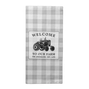 Welcome Family Name Farm Tractor White Plaid Cloth Napkin
