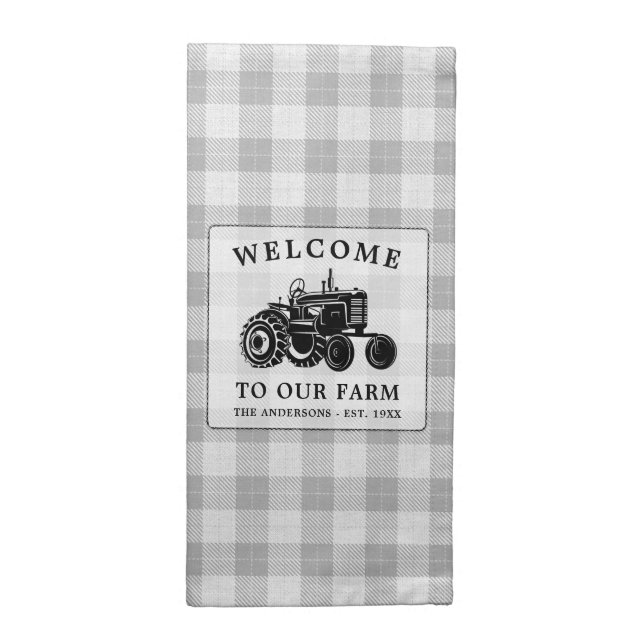 Welcome Family Name Farm Tractor White Plaid Cloth Napkin (Half Fold)
