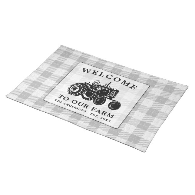 Welcome Family Name Farm Tractor White Plaid Cloth Placemat (On Table)