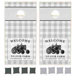 Welcome Family Name Farm Tractor White Plaid Cornhole Set