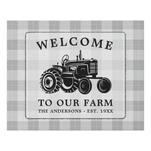 Welcome Family Name Farm Tractor White Plaid Faux Canvas Print