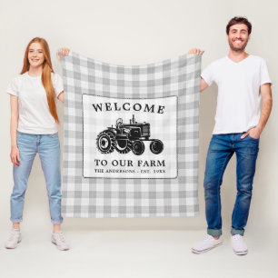 Welcome Family Name Farm Tractor White Plaid Fleece Blanket