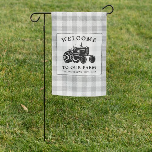 Welcome Family Name Farm Tractor White Plaid Garden Flag