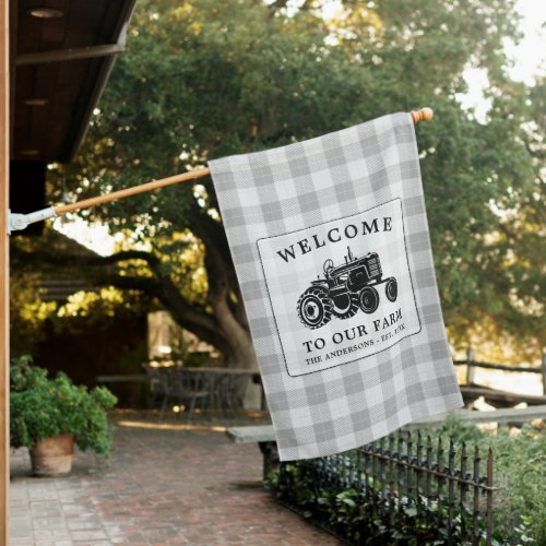 Welcome Family Name Farm Tractor White Plaid House Flag