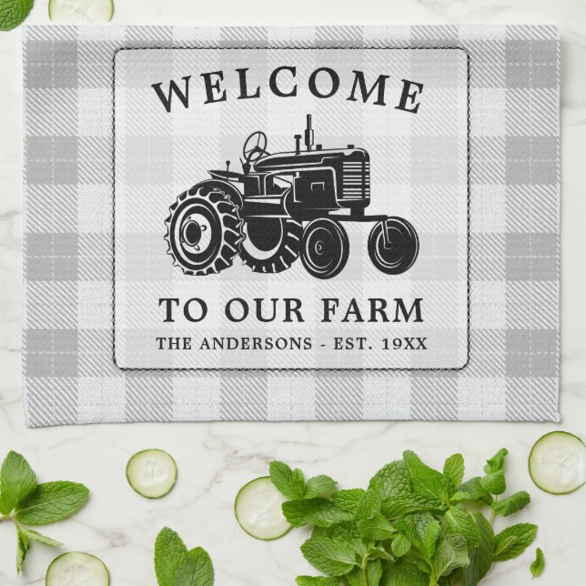 Welcome Family Name Farm Tractor White Plaid Kitchen Towel (Folded)