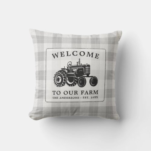 Welcome Family Name Farm Tractor White Plaid Outdoor Pillow