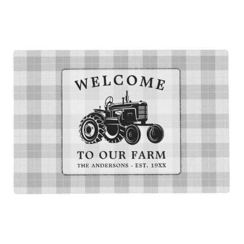 Welcome Family Name Farm Tractor White Plaid Placemat