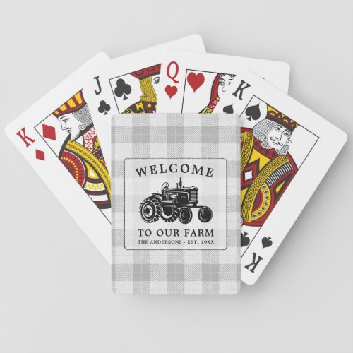 Welcome Family Name Farm Tractor White Plaid Poker Cards