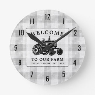 Welcome Family Name Farm Tractor White Plaid Round Clock