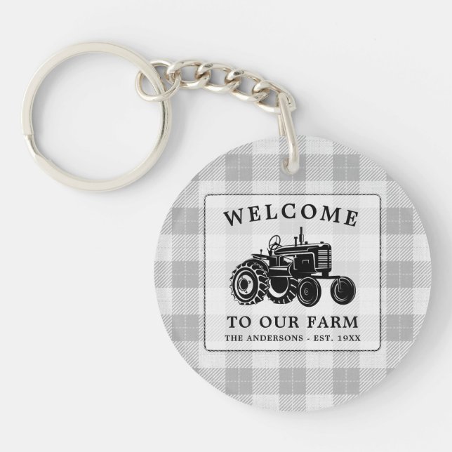 Welcome Family Name Farm Tractor White Plaid Round Keychain (Front)