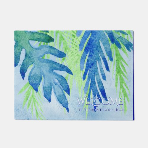 Welcome Family Name Modern Tropical Leaf Leaves Doormat