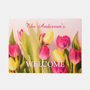 Welcome & Family Name, Pink & Yellow Tulips Doormat