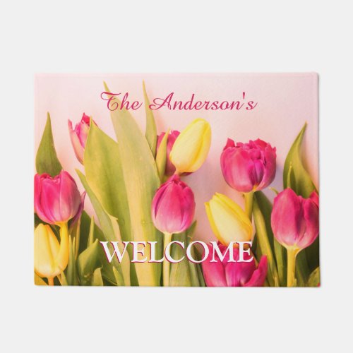 Welcome  Family Name Pink  Yellow Tulips Doormat
