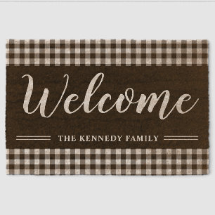 Welcome Family Name Plaid Rustic Farmhouse Fiber Doormat