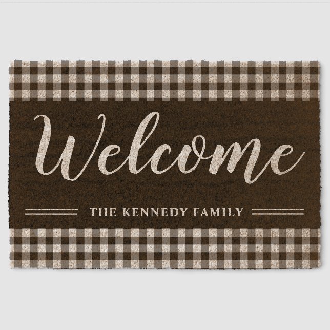 Welcome Family Name Plaid Rustic Farmhouse  Fiber Doormat (Front)