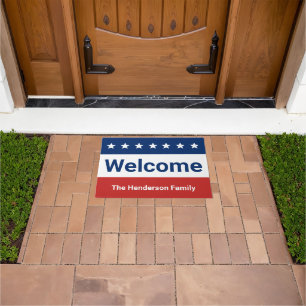 Welcome Family Name Red White Blue Patriotic Doormat