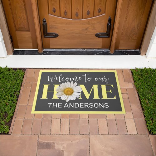 Welcome Family Name White Daisy Gray Doormat