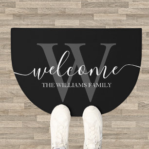 welcome, family personalized black white grey chic doormat