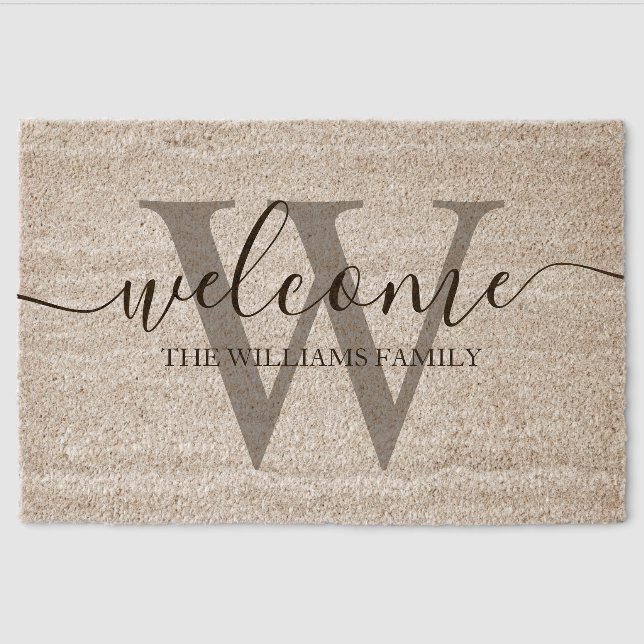 welcome, family personalized minimalist monogram fiber doormat (Front)