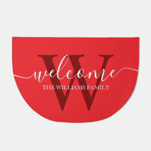 welcome, family personalized red white chic doormat