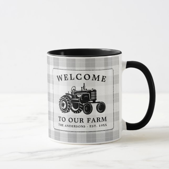 Welcome Farm Tractor Family Name White Plaid Mug (Right)