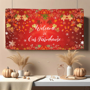 Welcome Farmhouse Fall Color Maple Leaf Autumn Red Banner