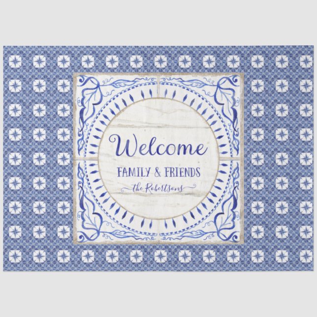 Welcome Farmhouse Tile Blue White Family Decoupage Tissue Paper (Front)