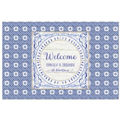 Welcome Farmhouse Tile Blue White Family Decoupage Tissue Paper