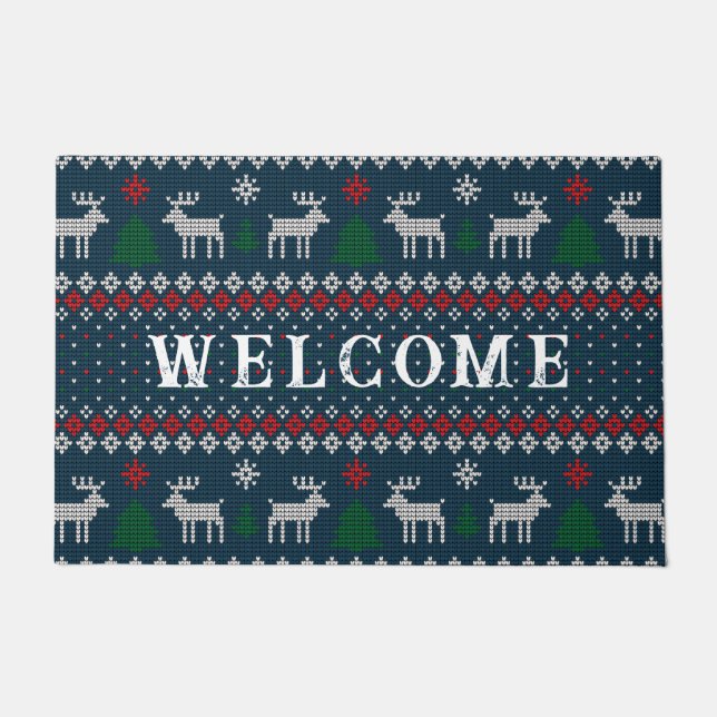 Welcome Faux Knitting Pattern Christmas Family Doormat (Front)