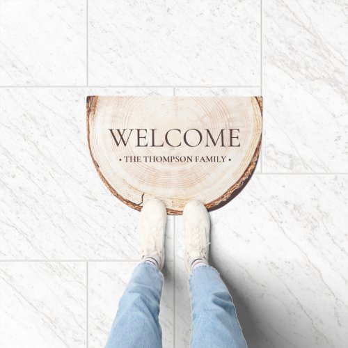 Welcome Faux Wood Tree ring Custom Family Name Doormat