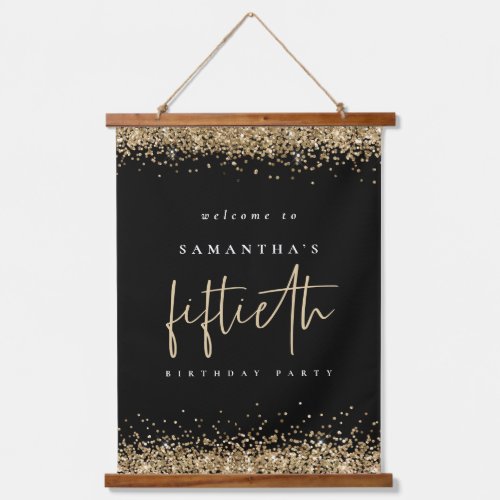 Welcome Fiftieth Gold Glitter Name Black Hanging Tapestry